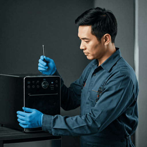 Technician carefully inspecting a modern appliance